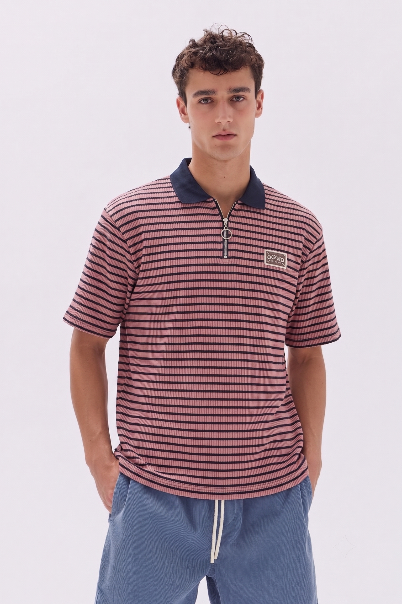 Striped Half-Zip Polo â€” Pink, on model